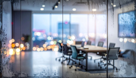 Blurred image of office meeting room and city lights bokehの素材