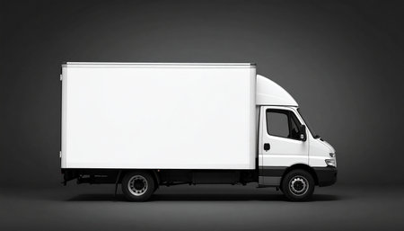 White commercial delivery truck on a gray background. 3d rendering.の素材