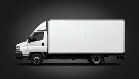 White commercial delivery truck on a gray background with shadow. 3d renderingの素材