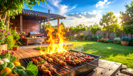 Barbecue on the fire in the summer garden. Picnic.の素材