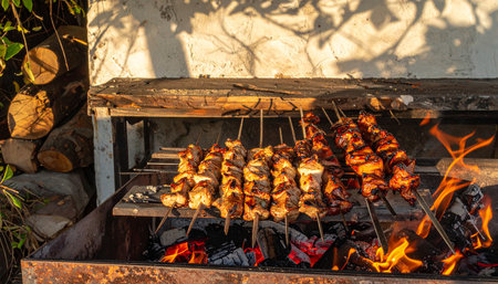 Grilled kebab on the coals in the open airの素材