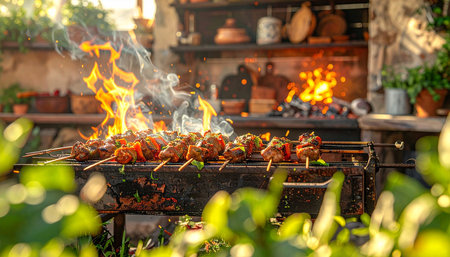 Grilled shish kebab on skewers on a barbecue grillの素材