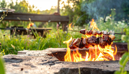 Grilled shish kebab on skewers on the fire.の素材