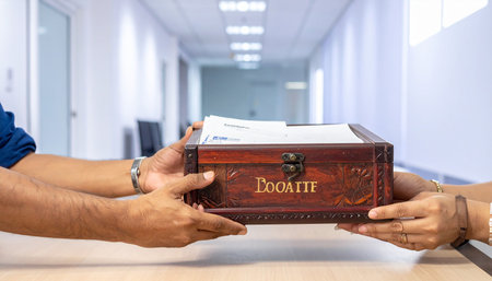 Businessman hand holding wooden box with document on table in office.の素材