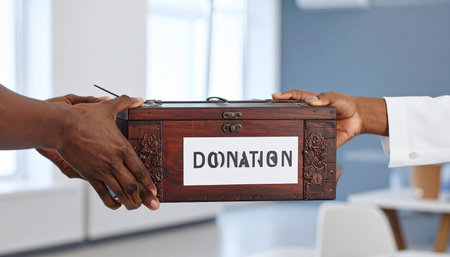 Close-up of two african-american male hands holding a wooden box with the word donationの素材