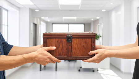 Man and woman hand holding a wooden casket in the office.の素材