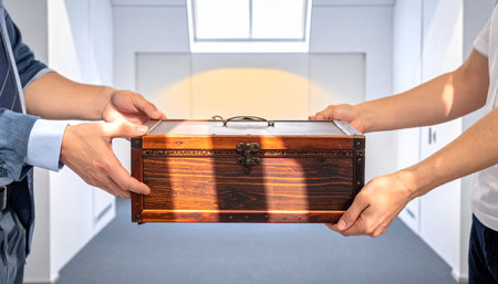 Close up of businessman hand holding wooden box with open door on backgroundの素材