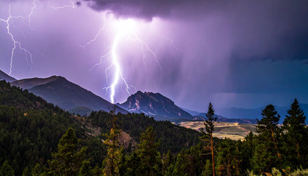 Lightning over the Rocky Mountains in Yellowstone National Park, Wyoming.の素材