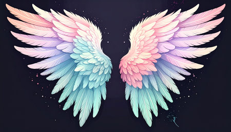 Colorful wings on a dark background. Hand drawn vector illustration.の素材