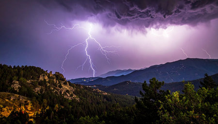 Lightning strike in the mountains. Dramatic sky with lightning.の素材