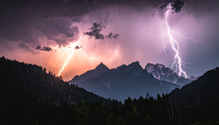 Lightning in the mountains. Dramatic sky with lightning and stormの素材