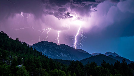 Dramatic stormy sky with lightning in the mountains at nightの素材