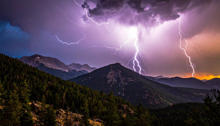 Lightning in the mountains at sunset. Dramatic stormy sky with lightning.の素材