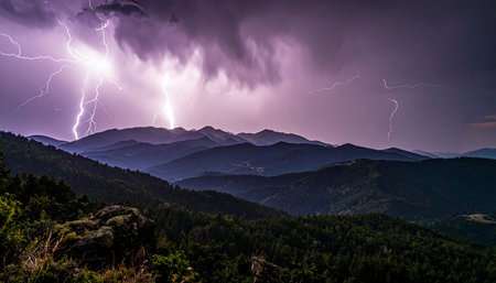 Lightning over the Carpathian Mountains. Ukraine. Europe.の素材