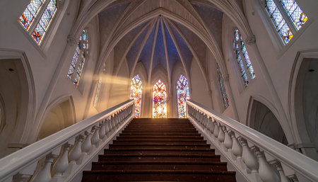 Interior view of Stained glass window in the Basilica of the Sacred Heart of Jesus in Paris, Franceの素材