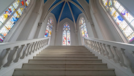 Stained glass window in the Church of Our Lady of Lourdes, Franceの素材