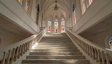 Stained glass window inside the Basilica of Our Lady of Lourdes, Franceの素材