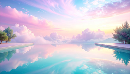 Swimming pool with palm trees and sunset sky. 3d renderingの素材