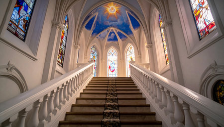 Stained glass window in a church in the city of Oslo, Norwayの素材
