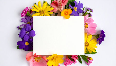 Flowers composition. Frame made of flowers on white background. Flat lay, top view, copy spaceの素材