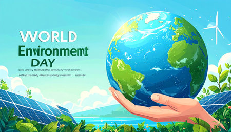 World environment day banner with hand holding earth globe and wind turbines on background vector illustrationの素材