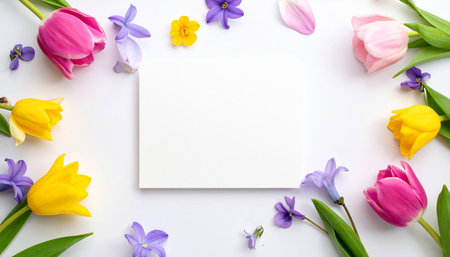 Spring flowers on white background. Tulips, daffodils and hyacinths with card for text.の素材