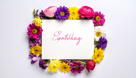 Beautiful flowers and card on white background. Place for your text.の素材