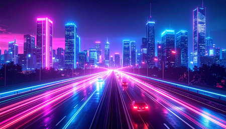 Night traffic in the city, light trails on the road, long exposureの素材