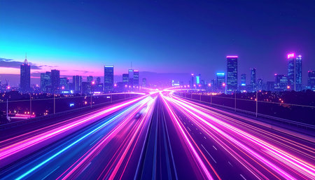 highway with motion blur and cityscape background, 3d renderingの素材