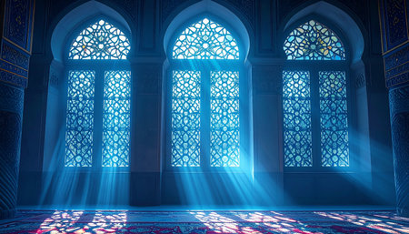 Ramadan Kareem. Islamic window in the mosque. 3d renderingの素材