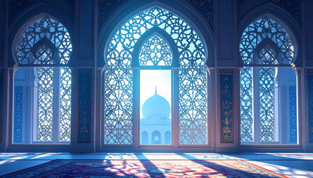 Beautiful mosque with blue arabic window. 3D renderingの素材
