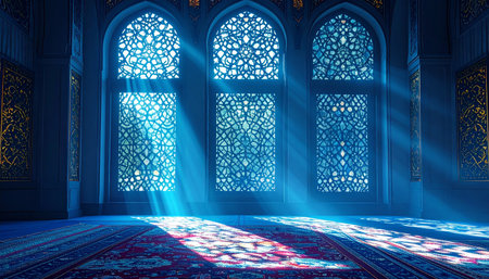 Interior of a mosque with bright rays of light through the windowの素材