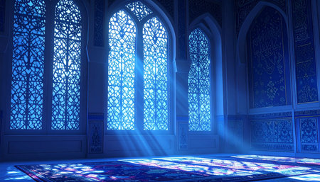 Beautiful blue mosque in the rays of light. 3D renderingの素材