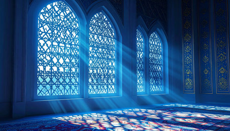 Interior of a mosque with blue stained glass windows, 3D renderingの素材