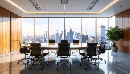 Modern meeting room interior with panoramic city view. 3D Renderingの素材