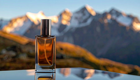 Perfume bottle on table in front of beautiful mountain landscape.の素材