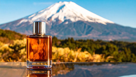 Perfume bottle with Mt. Fuji in the background, Yamanashi, Japanの素材