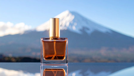 Perfume bottle on the background of Mount Fuji, Japan.の素材