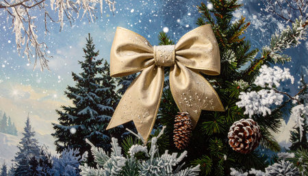 Christmas tree decorated with golden bow and pine cones on snowy background.の素材