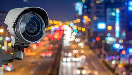 CCTV security camera or surveillance camera on the traffic road with bokeh backgroundの素材