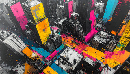 Aerial view of skyscrapers and buildings in New York City.の素材