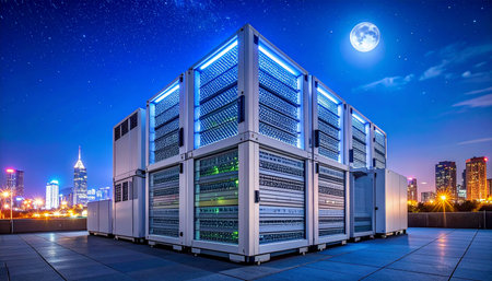 Server room in the city at night with full moon and starry skyの素材