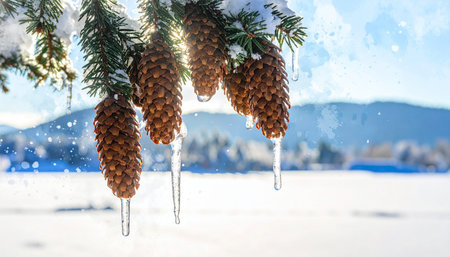 Frozen pine cones with icicles hanging on the branches of a Christmas treeの素材