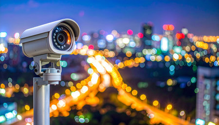 CCTV camera or security camera or surveillance system with blur cityscape and expressway backgroundの素材