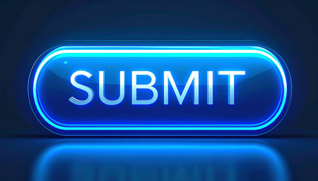 Submit - blue neon button on dark blue background, 3D renderingの素材