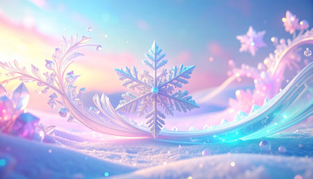Frozen snowflakes on winter background. 3D illustration.の素材