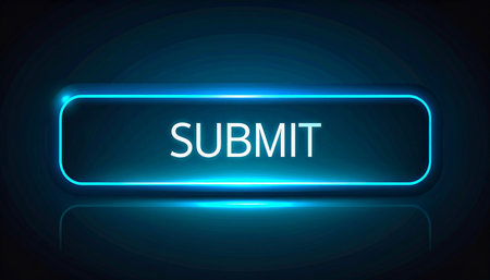 SUBMIT blue neon button on dark background. Vector illustration.の素材