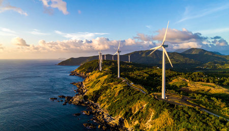 Aerial view of wind turbines at sunset on the island of Flores, Azoresの素材