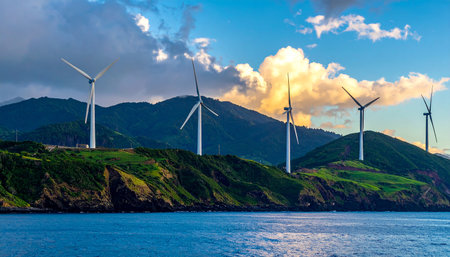 Wind turbines on the coast of Madeira Island, Portugal at sunsetの素材