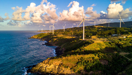 Aerial view of wind turbines on the coast of the Azores in Portugalの素材